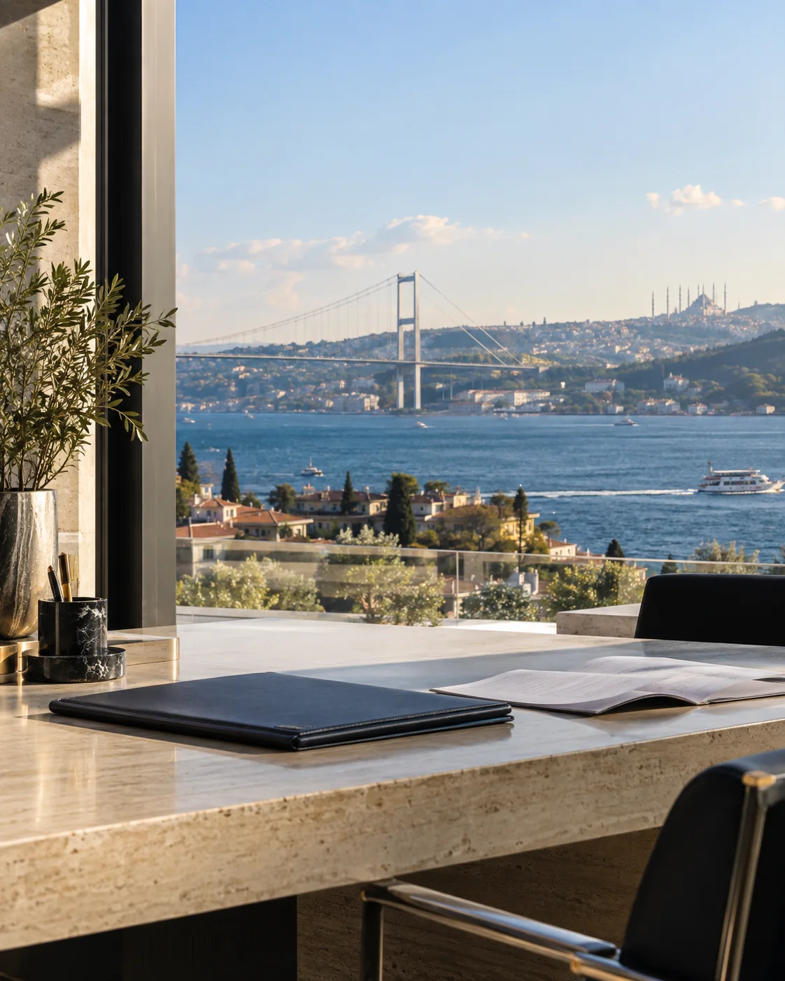 İstanbul Boğazı manzaralı, gün ışığı alan bir çalışma alanı